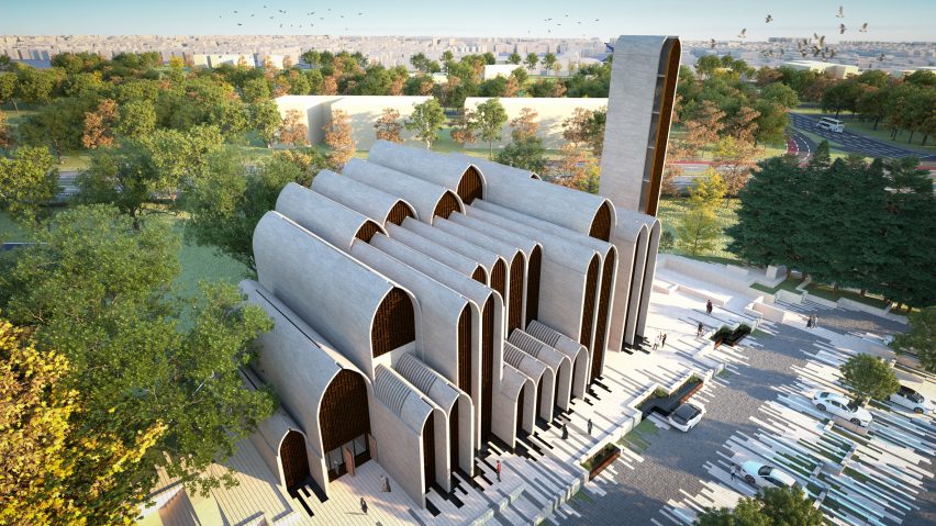 Masjid New Preston memiliki bentuk yang bertingkat