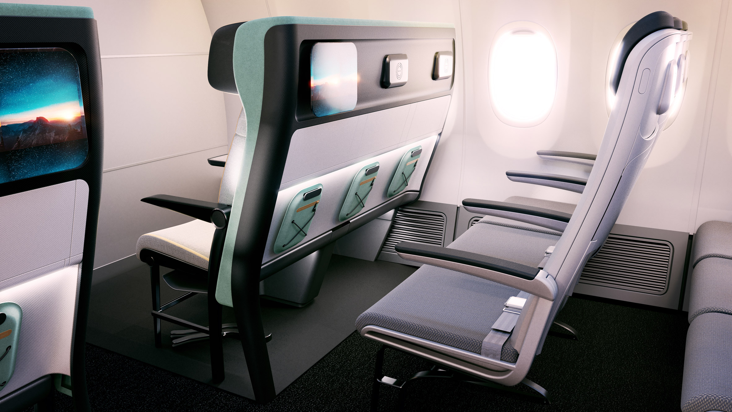 Air 4 All seating concept seen from behind with airline branding and accessories integrating with the cabin
