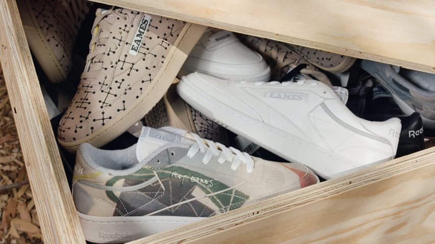 A wooden drawer filled with Reebox x Eames trainers