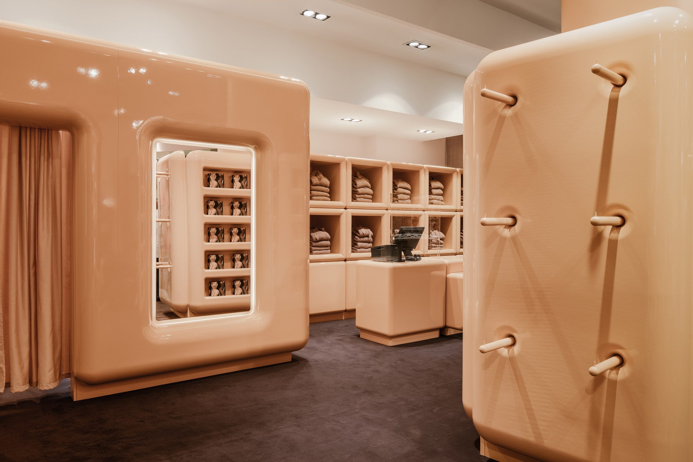 The lossy, beige interior of the Paris SKIMS pop-up shop