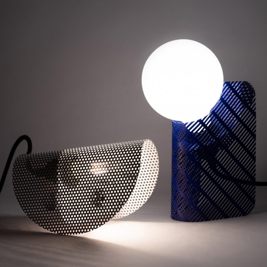 Dot and Slot table lamps in white and blue by GoodWaste for Selfridges