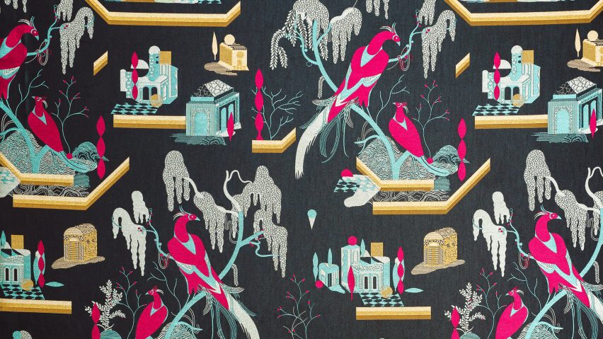 Close up of Dedar's This Must Be The Place jacquard fabric featuring brightly coloured nature-inspired motifs and architectural forms