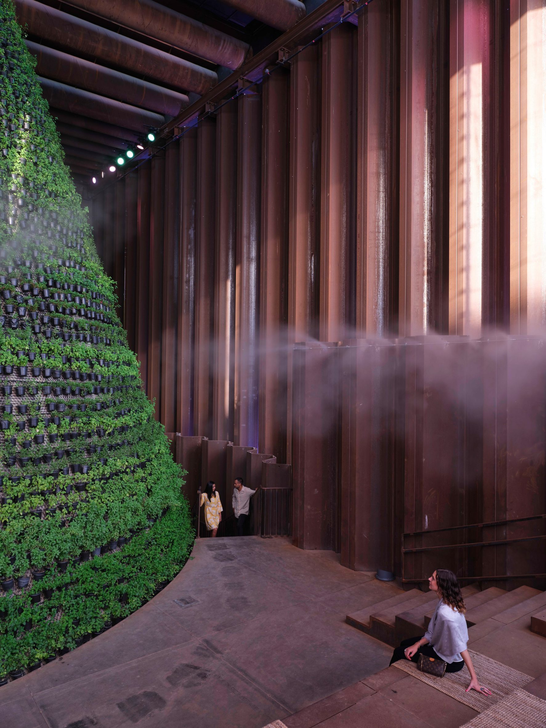Water misting over a conical garden inside the Dutch Biotope pavilion
