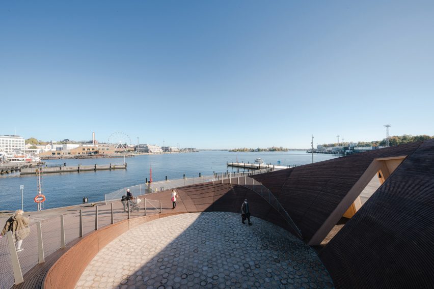 Circular inner courtyard of the Helsinki Biennial Pavilion overlooking the water of the South Harbour