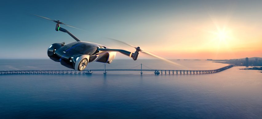 Rendering of XPeng flying car soaring through the sky over a bridge and water