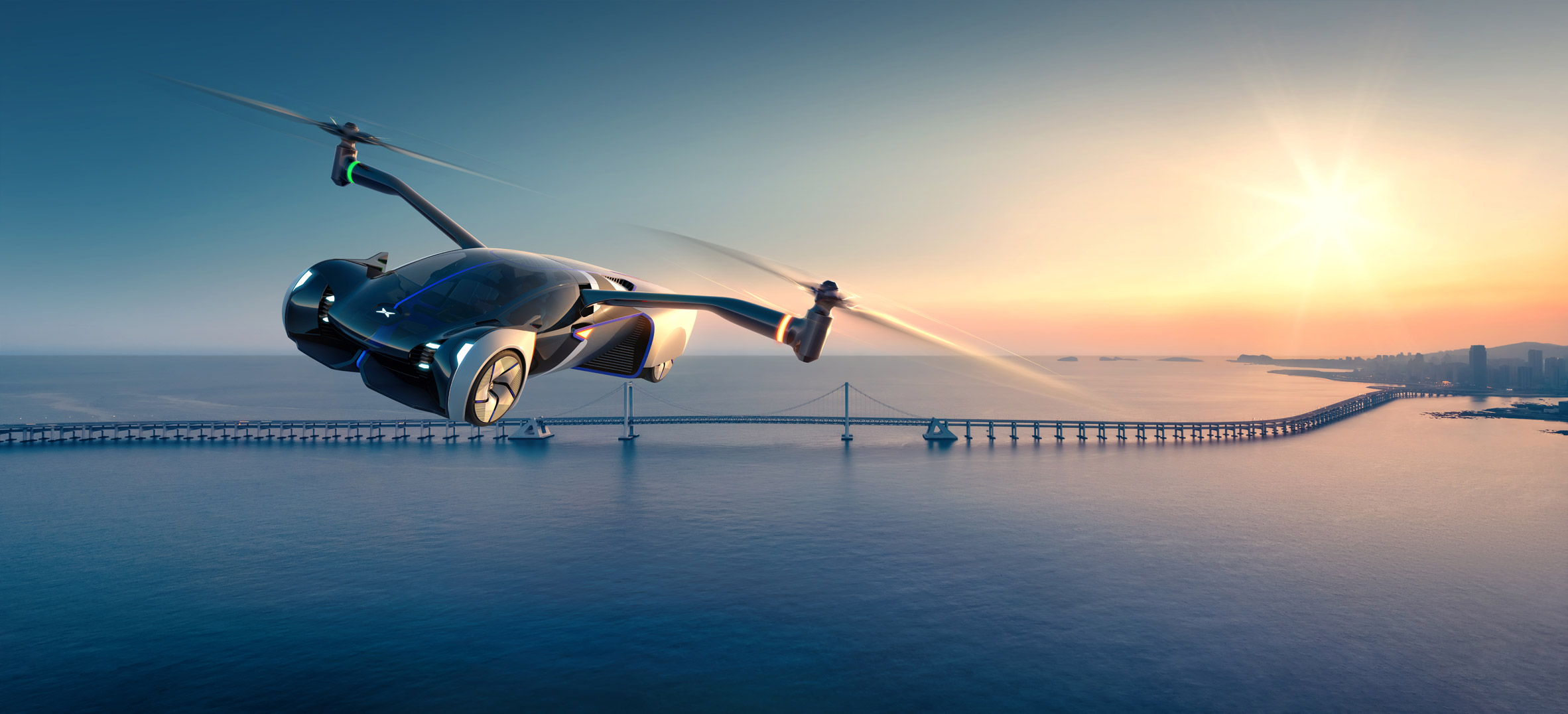 Rendering of XPeng flying car soaring through the sky over a bridge and water