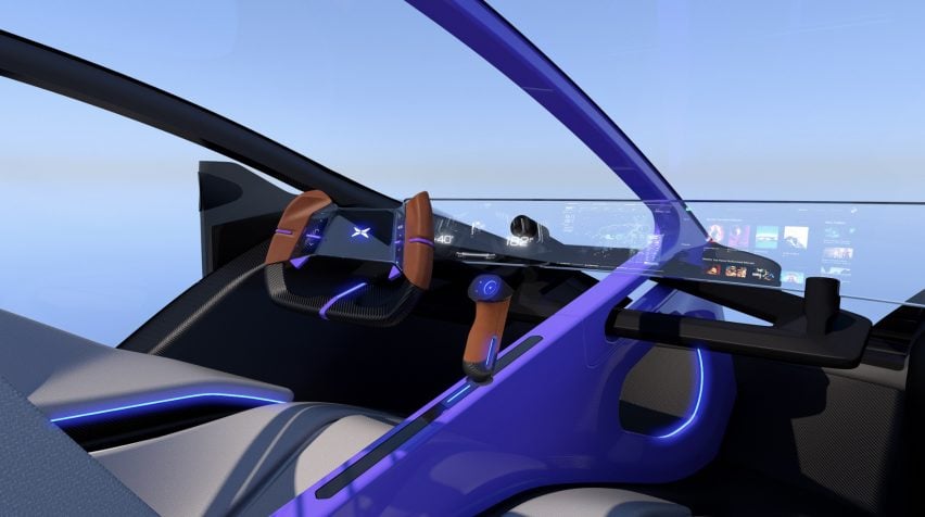 Rendering of the inside of Xpeng's flying car showing a steering wheel and joystick