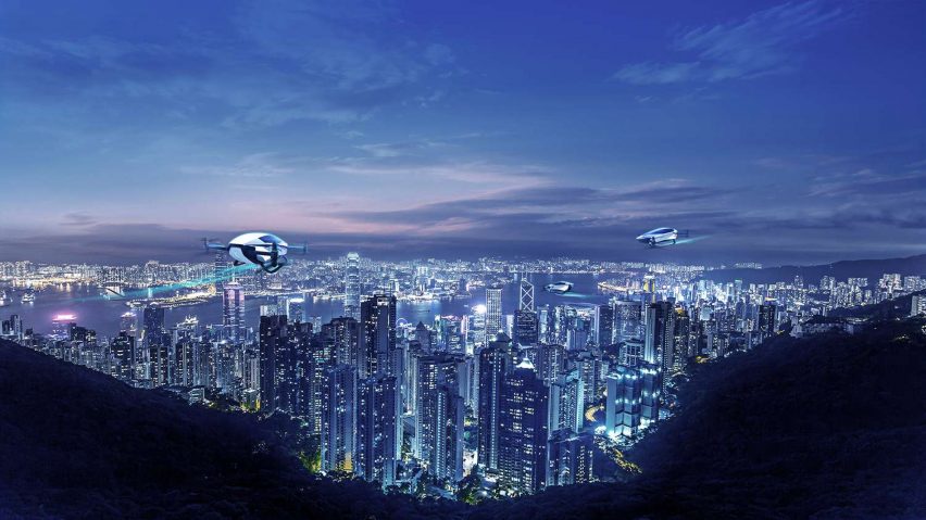 Rendering of the XPeng personal aircraft flying above a city skyline