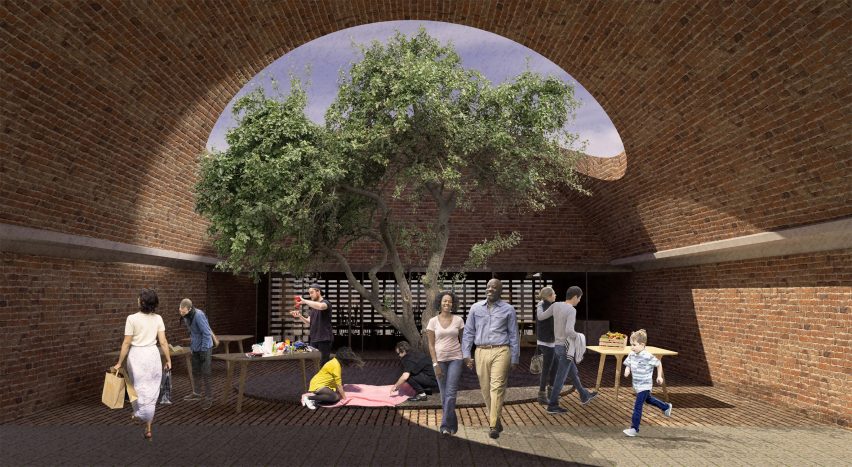 A visualisation of a community space made from bricks