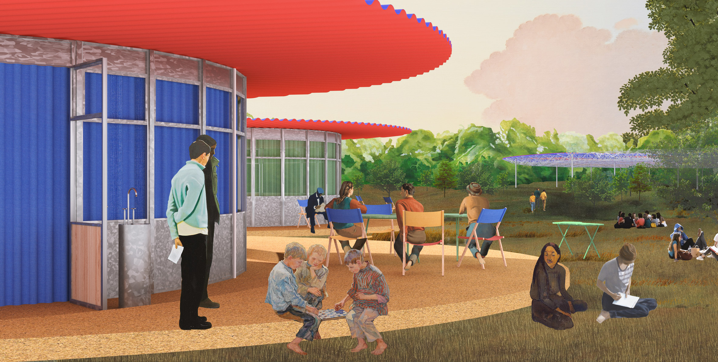 A colourful visualisation of educational pavilions where children can learn