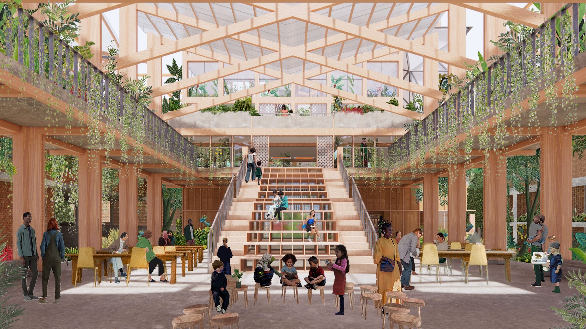 A visualisation of a plant-filled community space with high ceilings and big windows