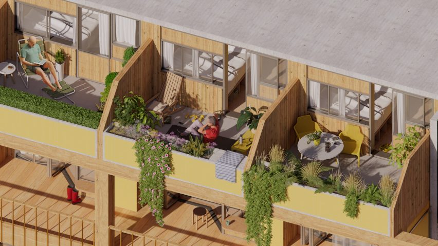 Visualisasi rumah sehari-hari: struktur kayu dengan seorang pria membaca buku di balkon