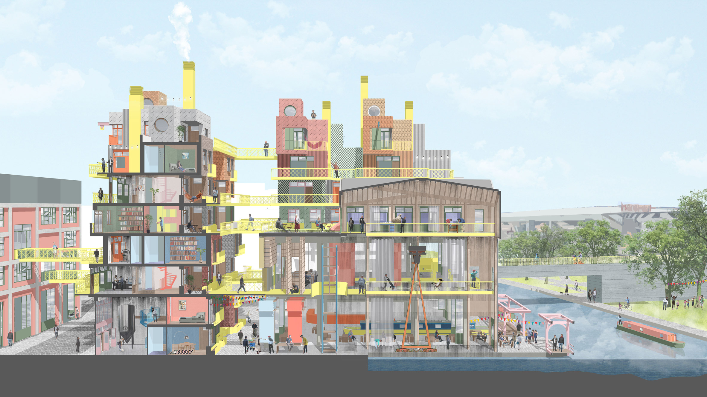A colourful visualisation of a creative space in Hackney Wick