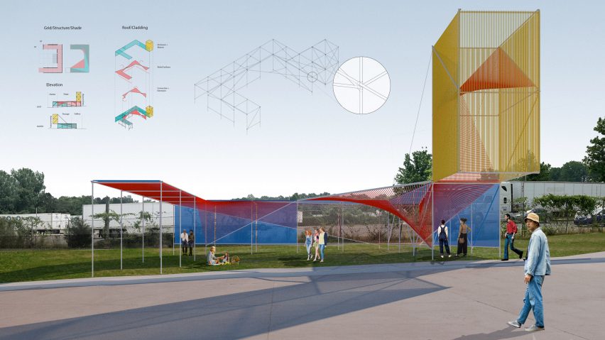 Sebuah visualisasi dari Sugar Creek Arts Event Lawn oleh Summer Design-Build Students