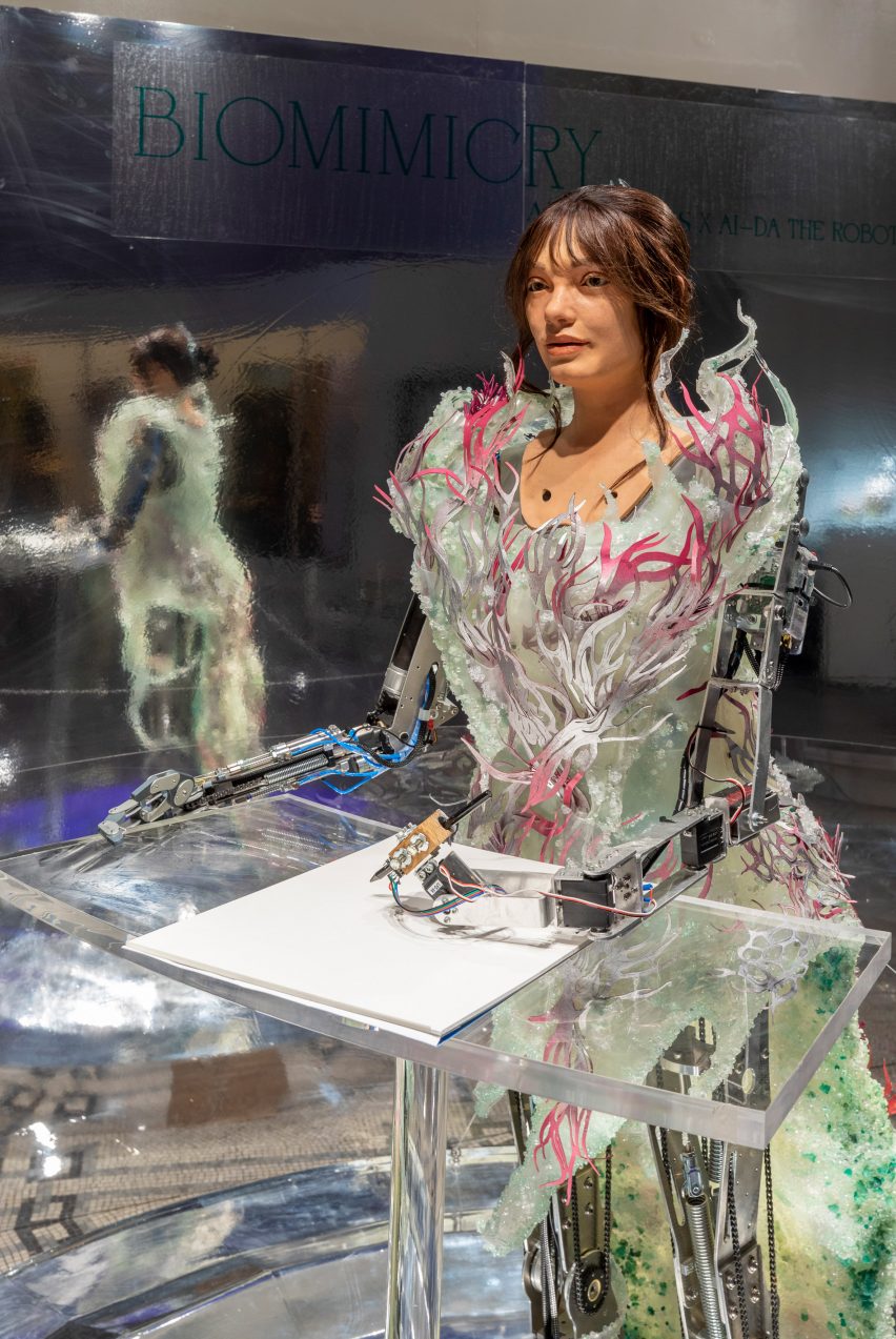 Ai-Da robot wearing Biomimicy by Auroboros