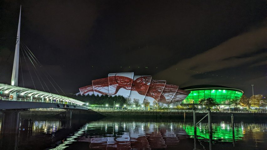 Beatie Wolfe artwork at COP26 projected onto on Glasgow's Armadillo building