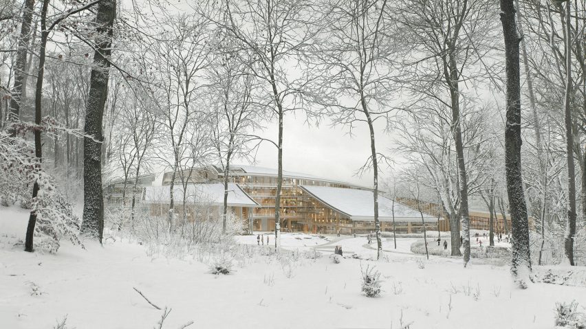 Render of ESET Campus covered in snow