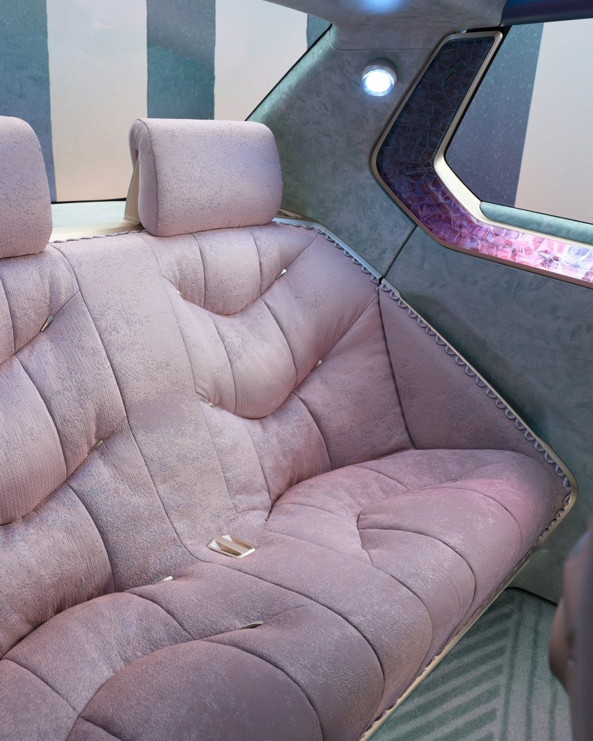 Backseats of BMW concept car in pink velvet upholstery
