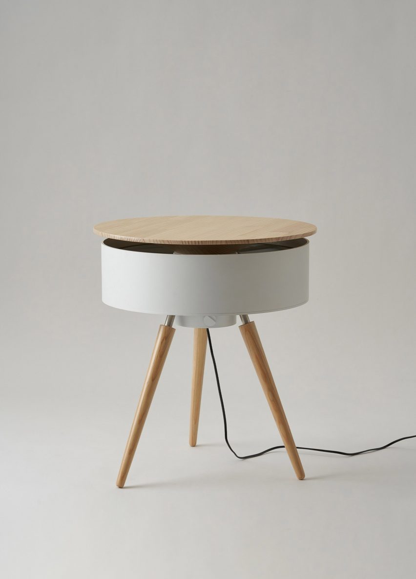 White round side table with wooden top and legs