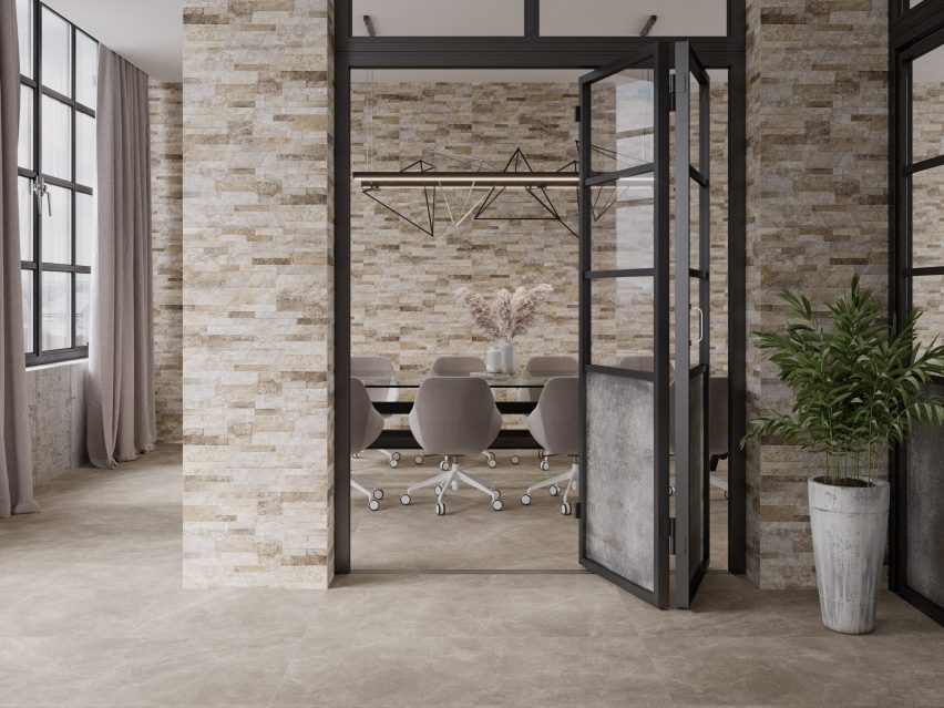 Calcaria porcelain tiles in beige used in an office interior for flooring
