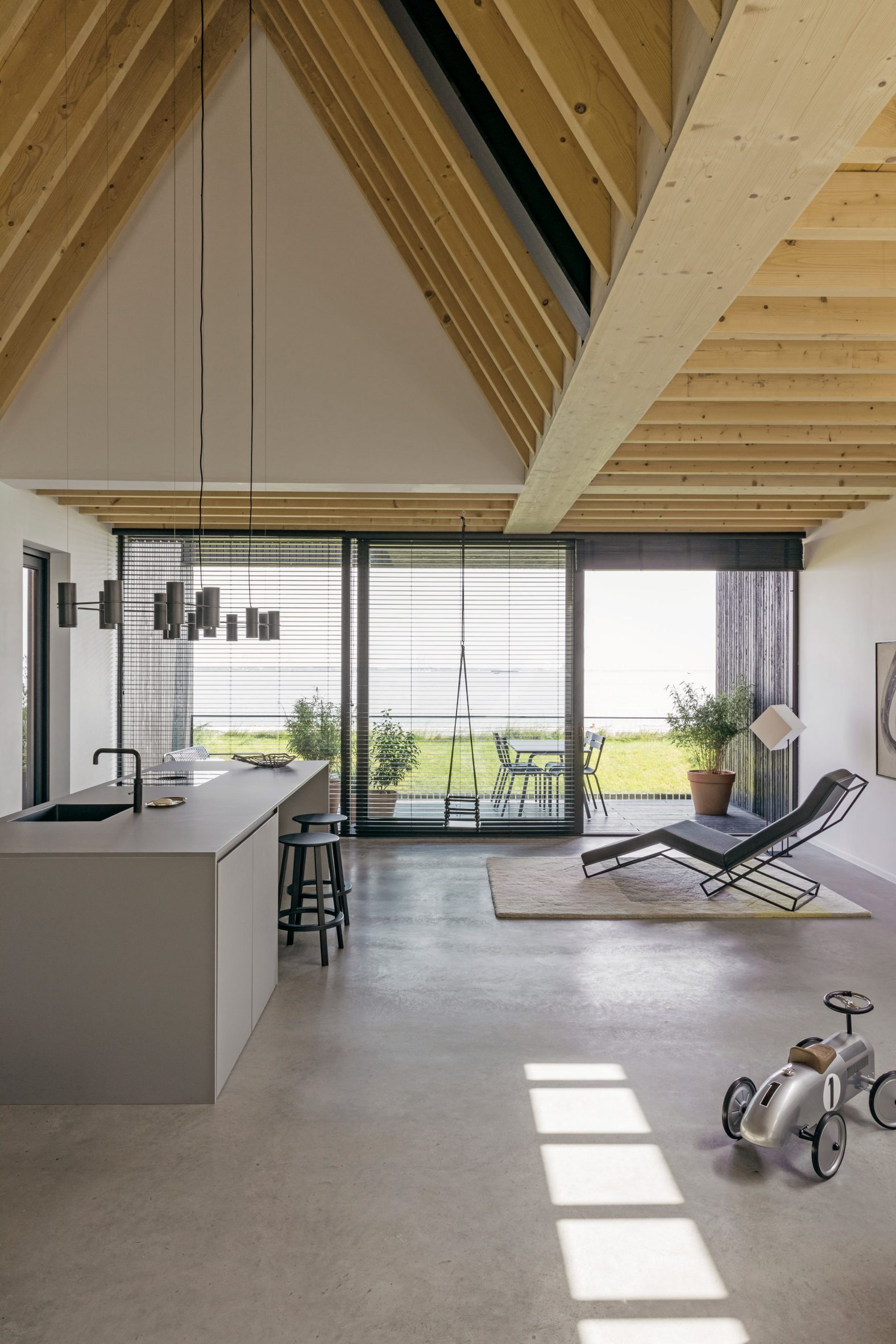 House With a View has wood lined ceilings