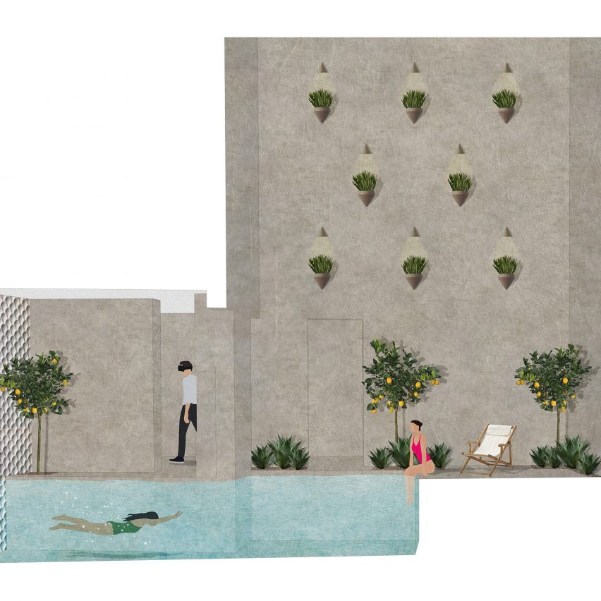 2D rendering of a building with swimming pool