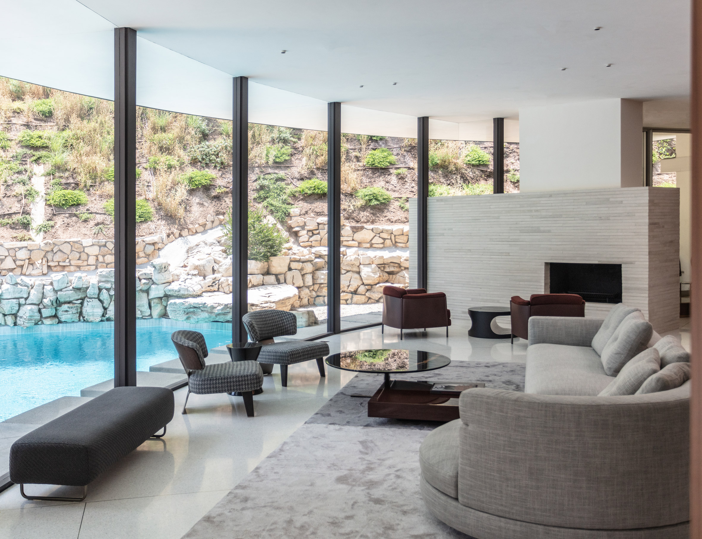 Living room overlooking swimming pool