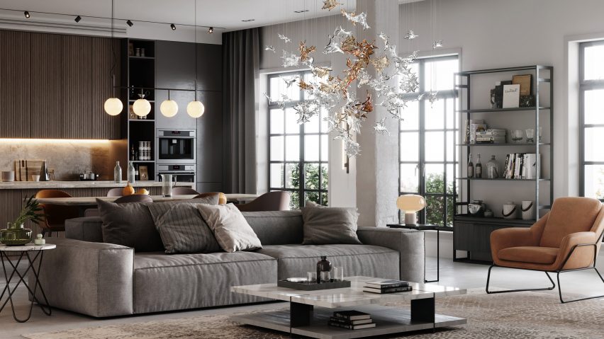 Lasvit's Dancing Leaves lighting sculpture suspended in a contemporary living room interior