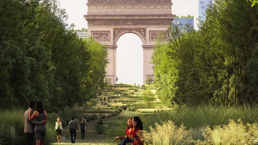 Arc de Triomphe covered in trees and plants by Es Devlin