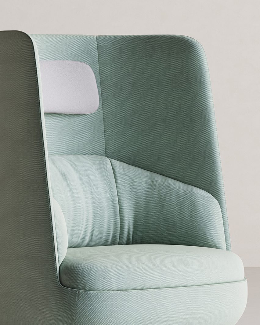 Close-up of padded headrest on seafoam green Gimbal Rocker lounge chair by Justin Champaign for Hightower