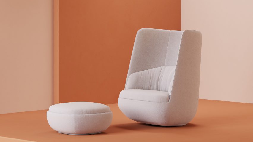 White Gimbal Rocker lounge chair by Justin Champaign for Hightower on an orange backdrop
