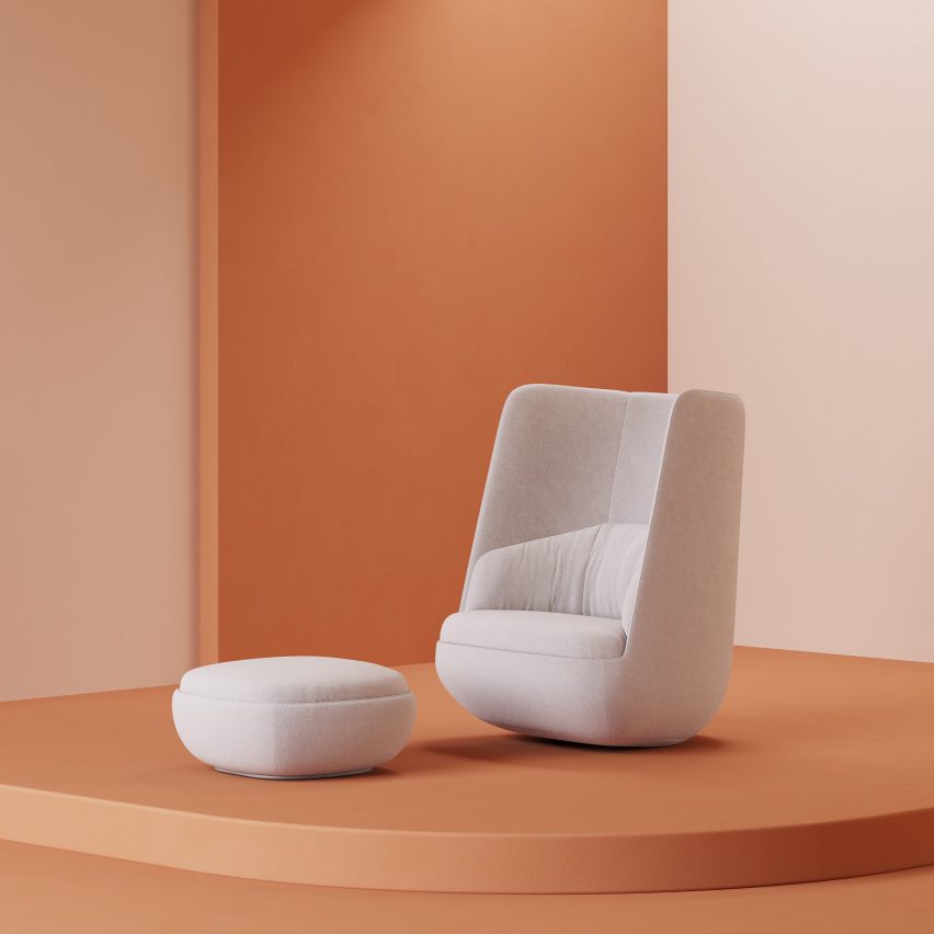 White Gimbal Rocker lounge chair by Justin Champaign for Hightower on an orange backdrop