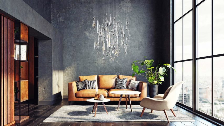 Herbarium lighting installation by Maria Culenova for Lasvit having over a brown sofa in a living room