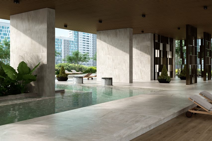 Exagres' Imperial porcelain tiles used to clad exterior walls and the floors of an outside pool