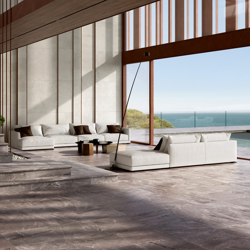 Exagres' Imperial porcelain tiles used as flooring and for stairs in a contemporary residential interior and poolside terrace