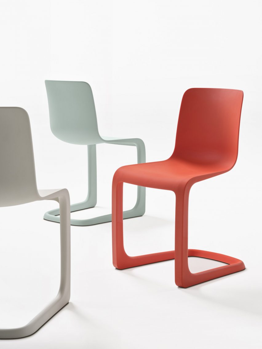 Cantilever plastic chairs formed from single continuous pieces of plastic