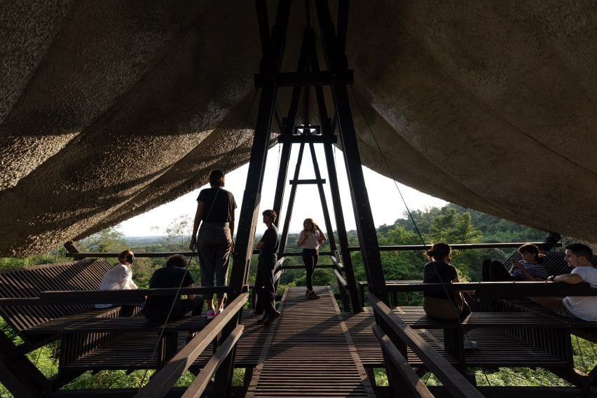 People hang out inside the Learnign Viewpoint observation platform