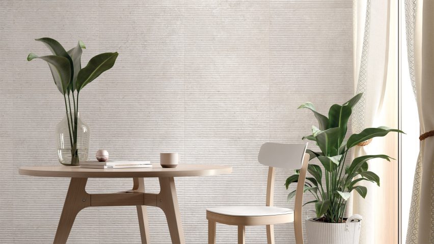Roca's Limestone tiles in white used in a contemporary dining room interior