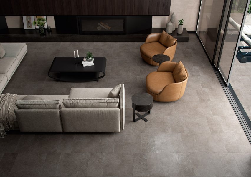 Roca's Limestone tiles used as flooring in a contemporary residential living room interior