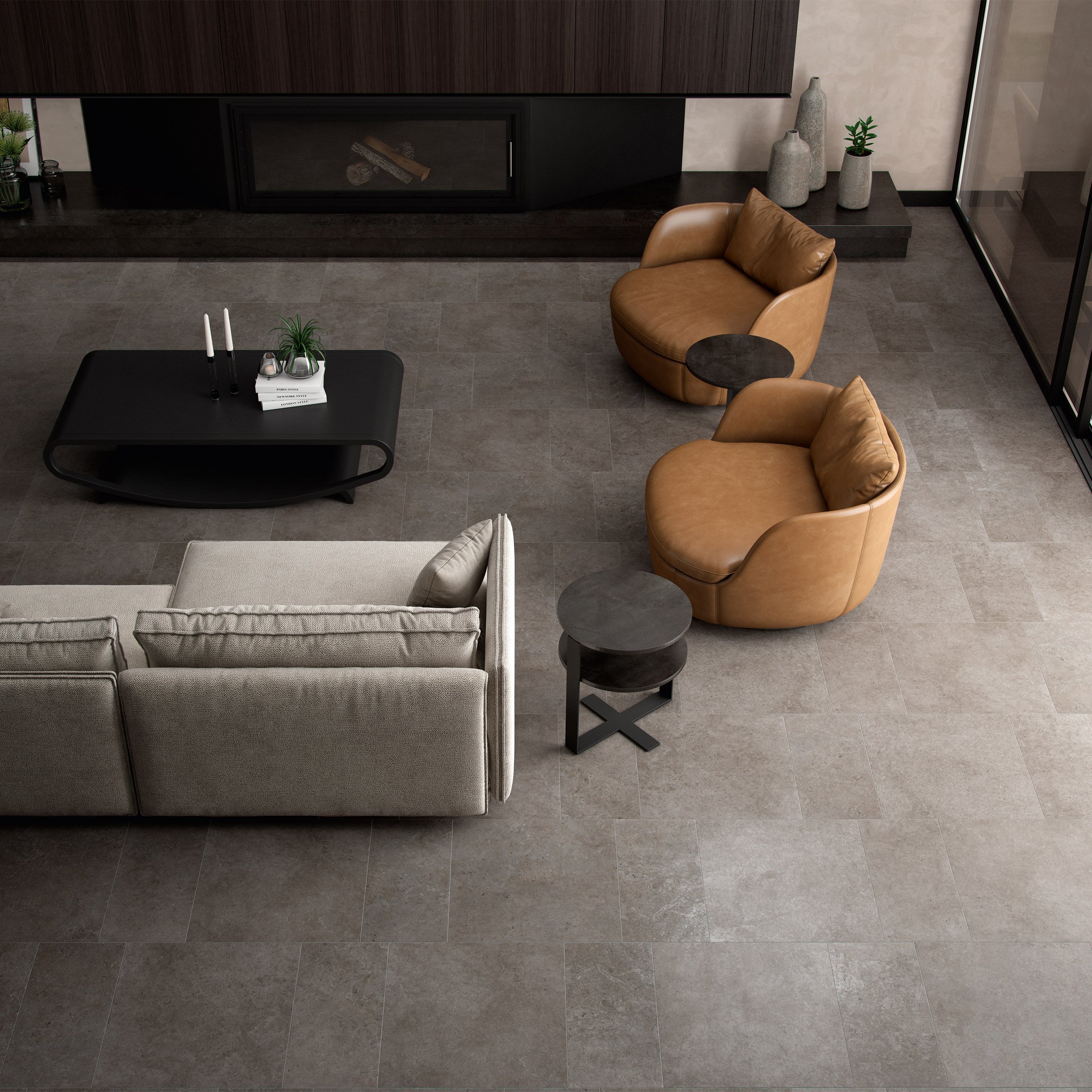A photograph of Limestone tiles used for flooring in a living room setting