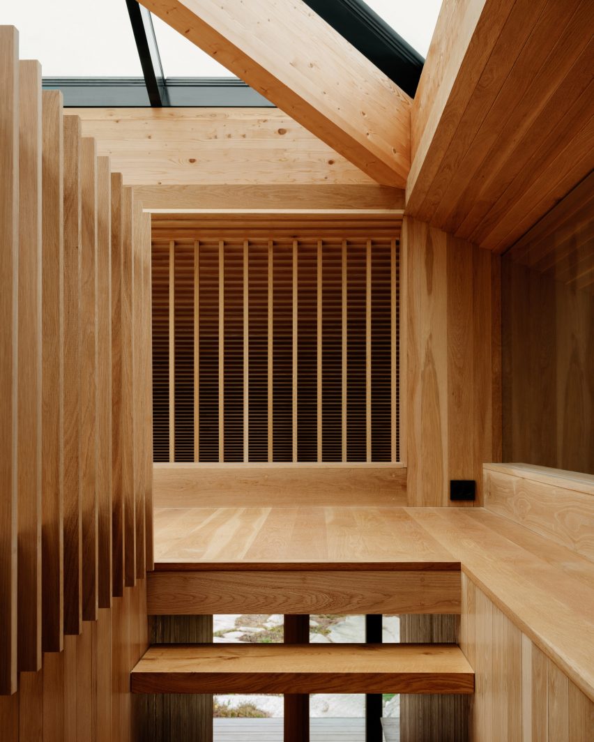 A floating wooden staircase and stairwell