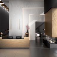 Luce tiles in white, gold and black used for flooring, walls and furnishings in an reception-like setting