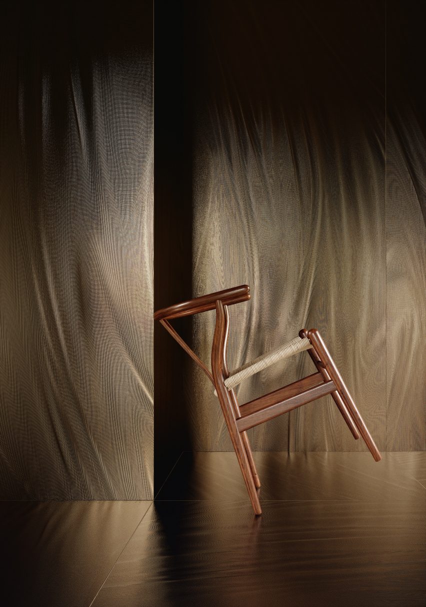 Ubin Luce berwarna emas digunakan sebagai penutup dinding dengan kursi kayu yang ditempatkan di dalam ruangan