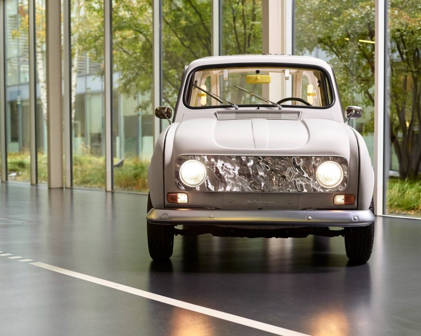 Renault 4L concept car front view with headlights on