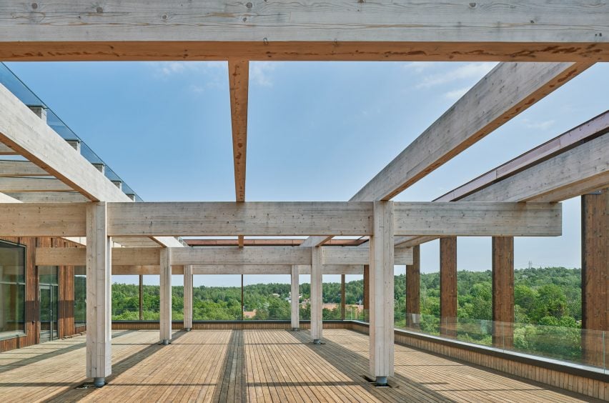 Roof terrace of Nodi wooden office building by White Arkitekter
