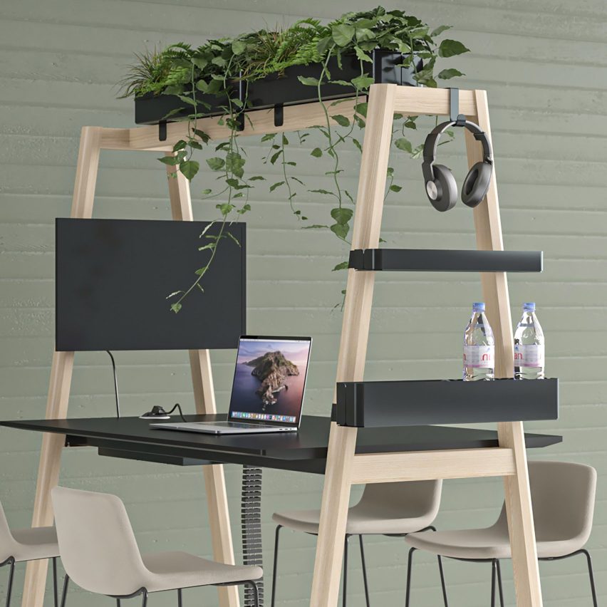 Nova Wood multipurpose table by Narbutas with integrated monitor attachment and overhead planting
