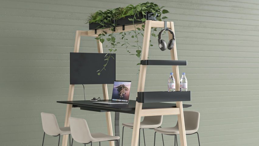 Nova Wood multipurpose table by Narbutas with integrated monitor attachment and overhead planting