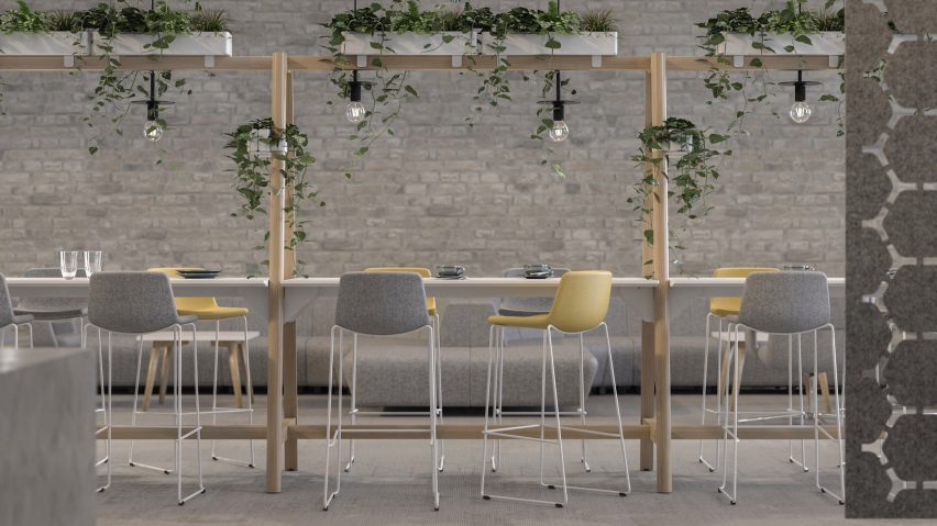Meja serbaguna Nova Wood dengan kursi bar tinggi dan penanaman terintegrasi