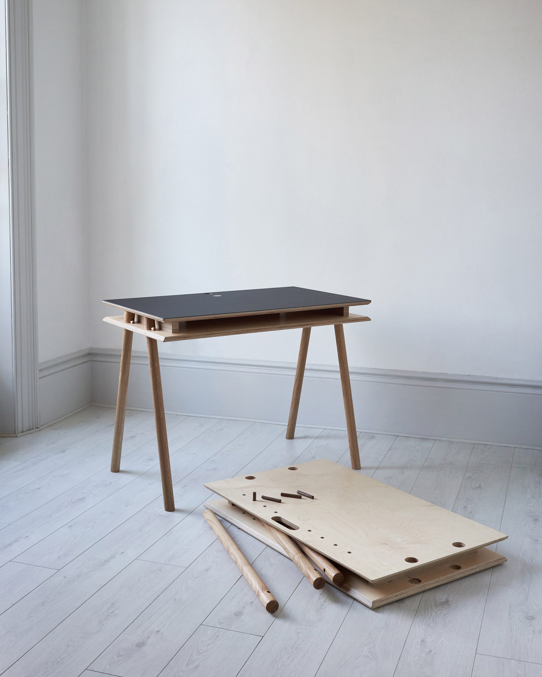 A wooden desk and its parts