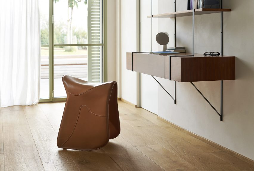 Pepe chair by Raffaella Mangiarotti for Opinion Ciatti in natural leather in front of a desk
